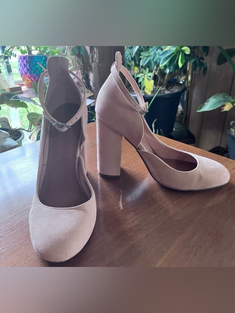 ASOS Design Blush Pink Suede Block Heels Almond Toe Ankle Strap Women’s 6